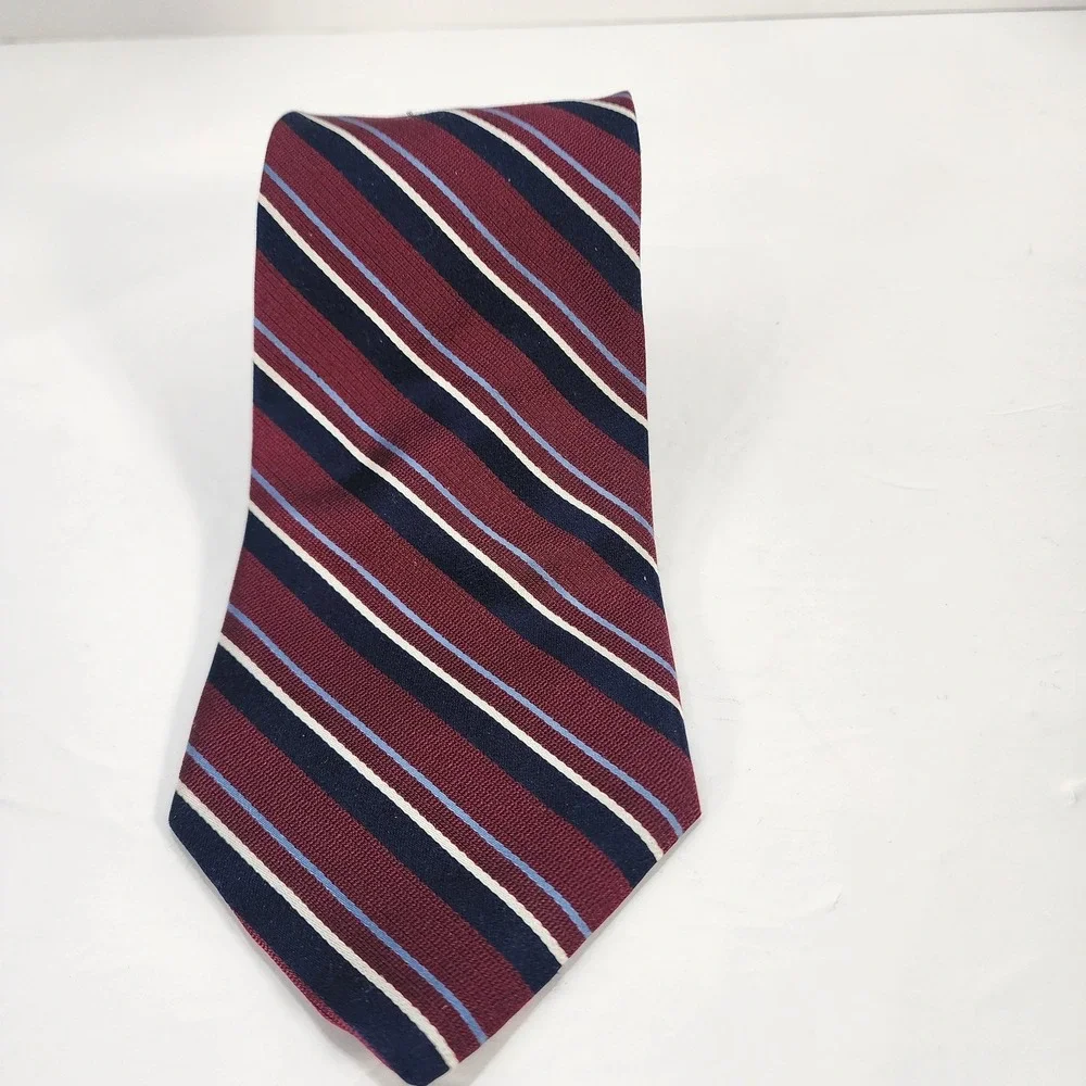 RBM Mens Silk Necktie Burgundy Navy Blue Striped Stain Resistant Made in USA
